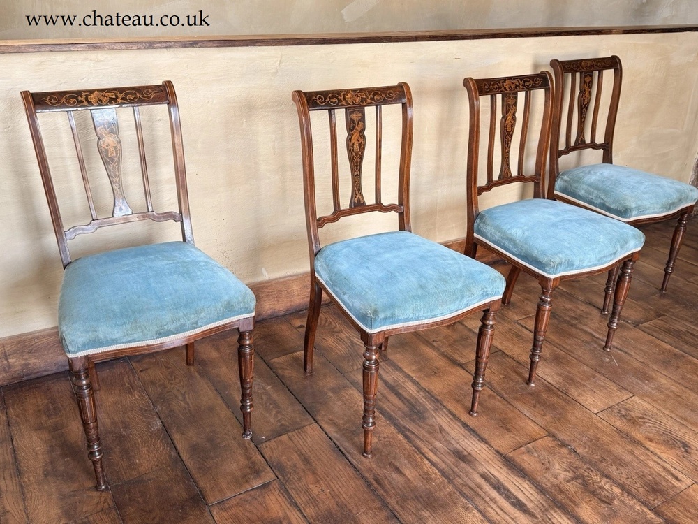 Elegant High Quality Antique Marquetry Blue Inlaid Rosewood Dining Side Chairs