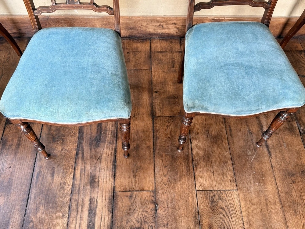 Elegant High Quality Antique Marquetry Blue Inlaid Rosewood Dining Side Chairs