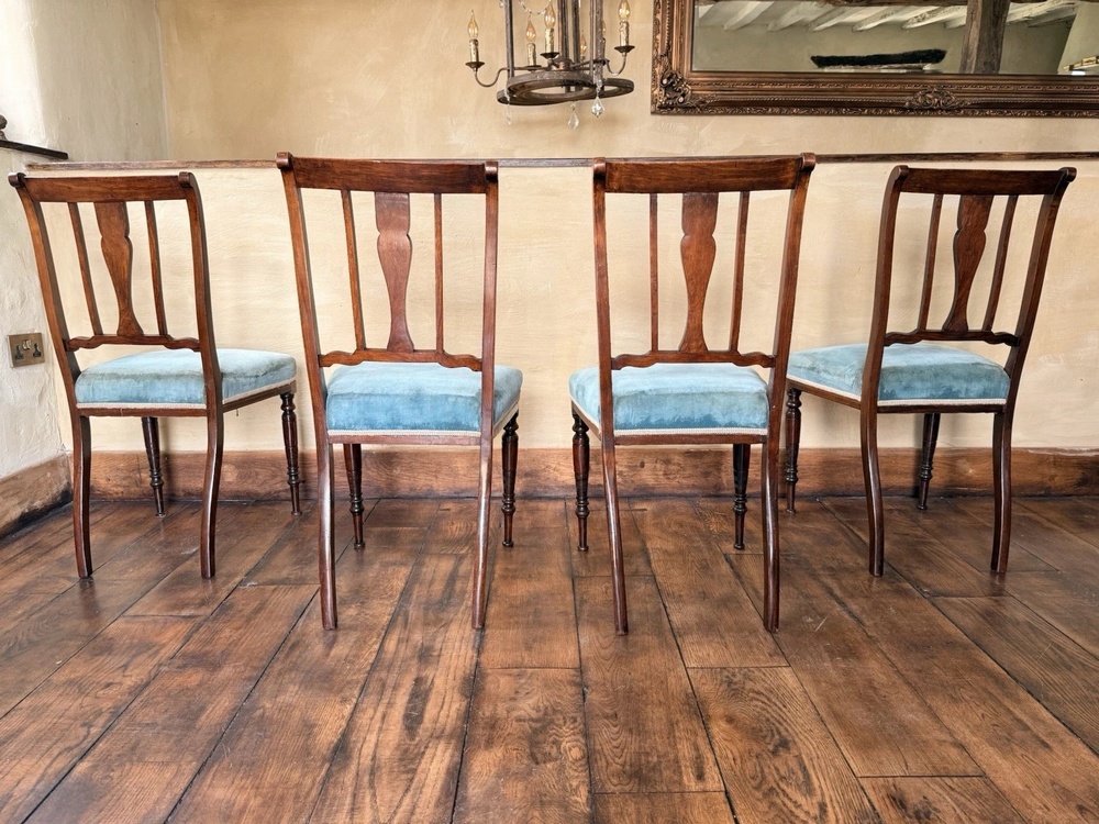 Elegant High Quality Antique Marquetry Blue Inlaid Rosewood Dining Side Chairs