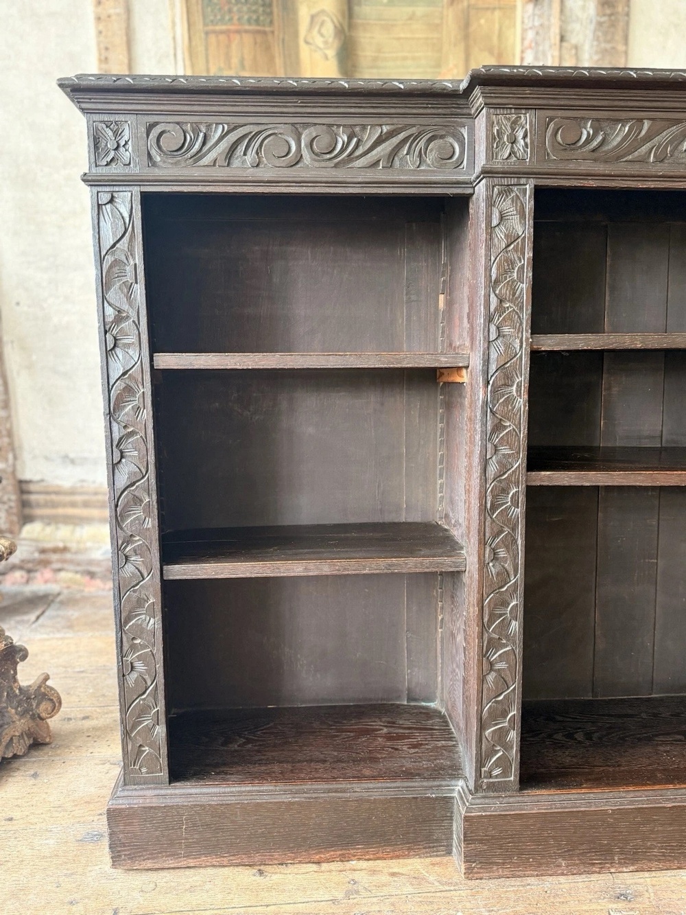 Substantial Large Magnificent Antique Oak Gothic Carved Freestanding Open Adjustable Shelves Bookcase C1880  183 cm width!
