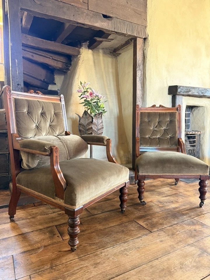 Pair of Antique Sage His & Hers Gentleman's and Lady's Lounge Fireside Chairs