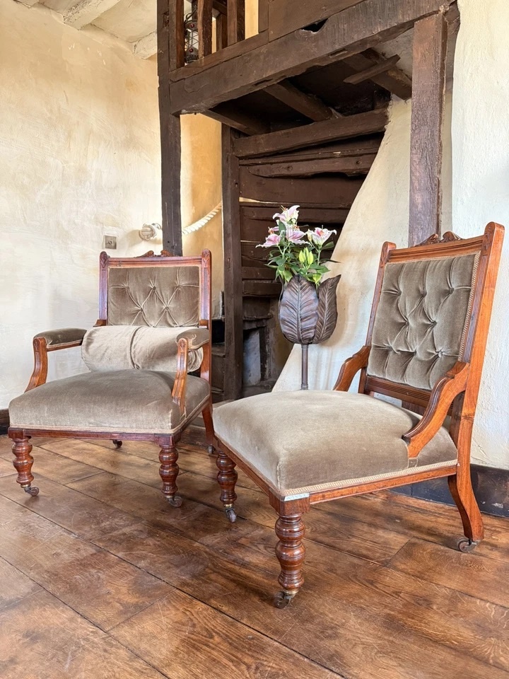 Pair of Antique Sage His & Hers Gentleman's and Lady's Lounge Fireside Chairs