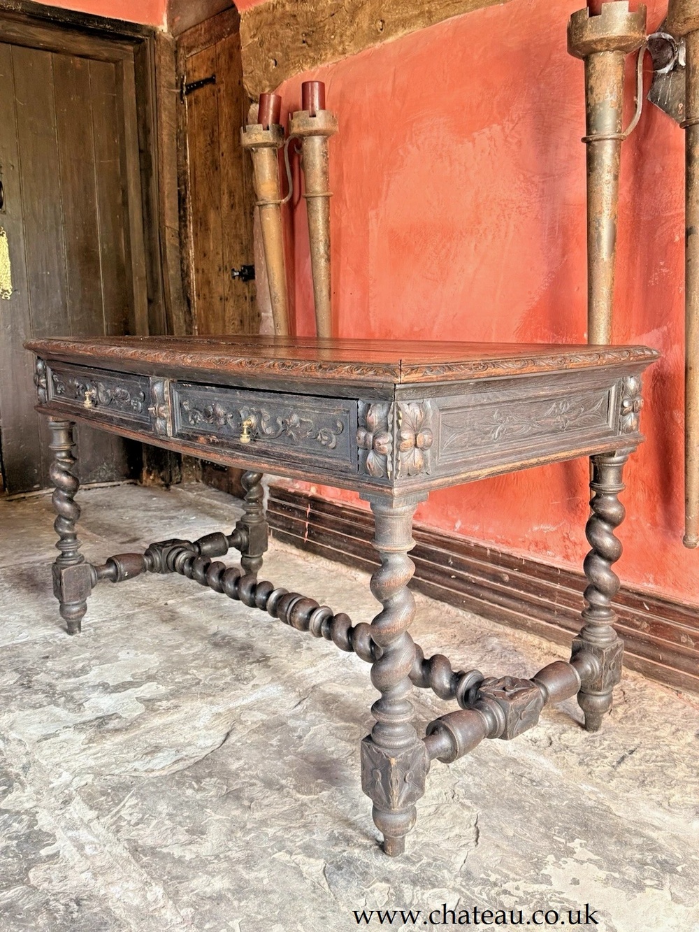 SOLD - English Antique Oak Carved Barley Twist Jacobean Rustic Desk Console Library Table C 1800's