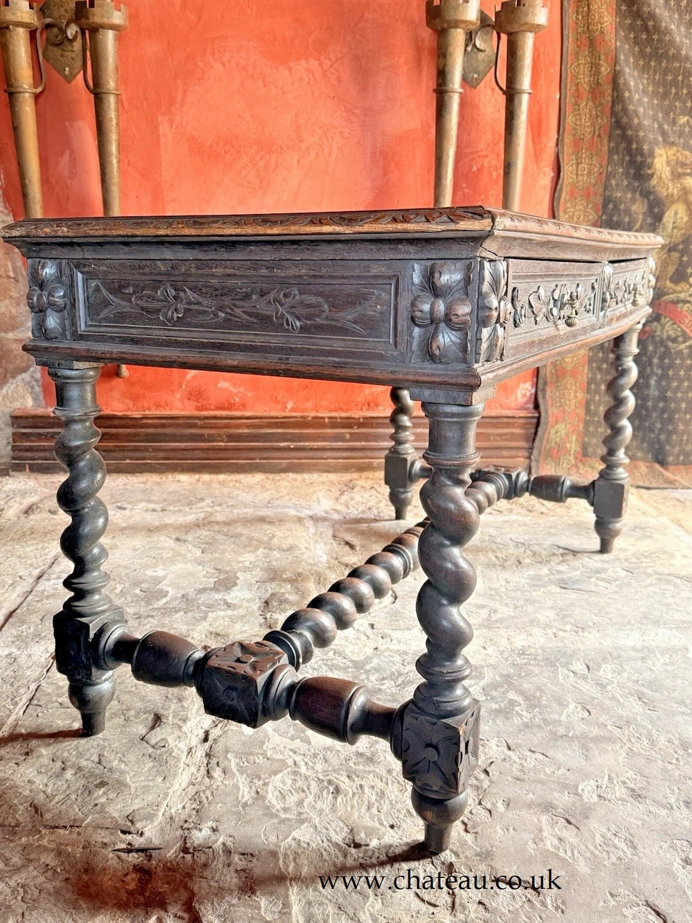 SOLD - English Antique Oak Carved Barley Twist Jacobean Rustic Desk Console Library Table C 1800's