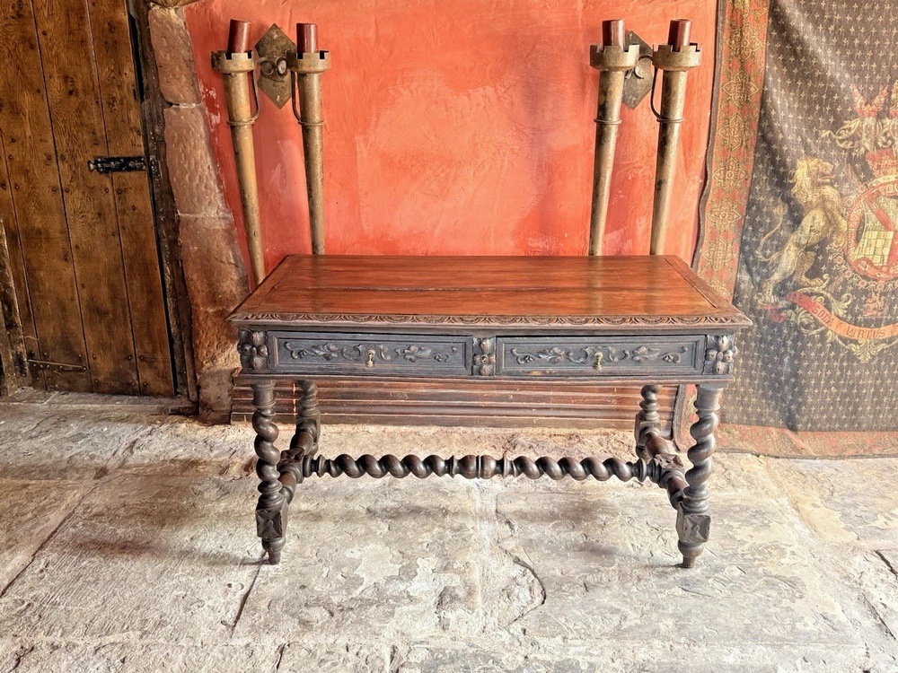 SOLD - English Antique Oak Carved Barley Twist Jacobean Rustic Desk Console Library Table C 1800's