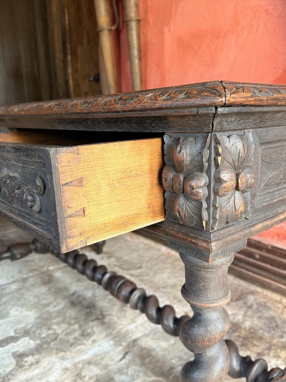 SOLD - English Antique Oak Carved Barley Twist Jacobean Rustic Desk Console Library Table C 1800's