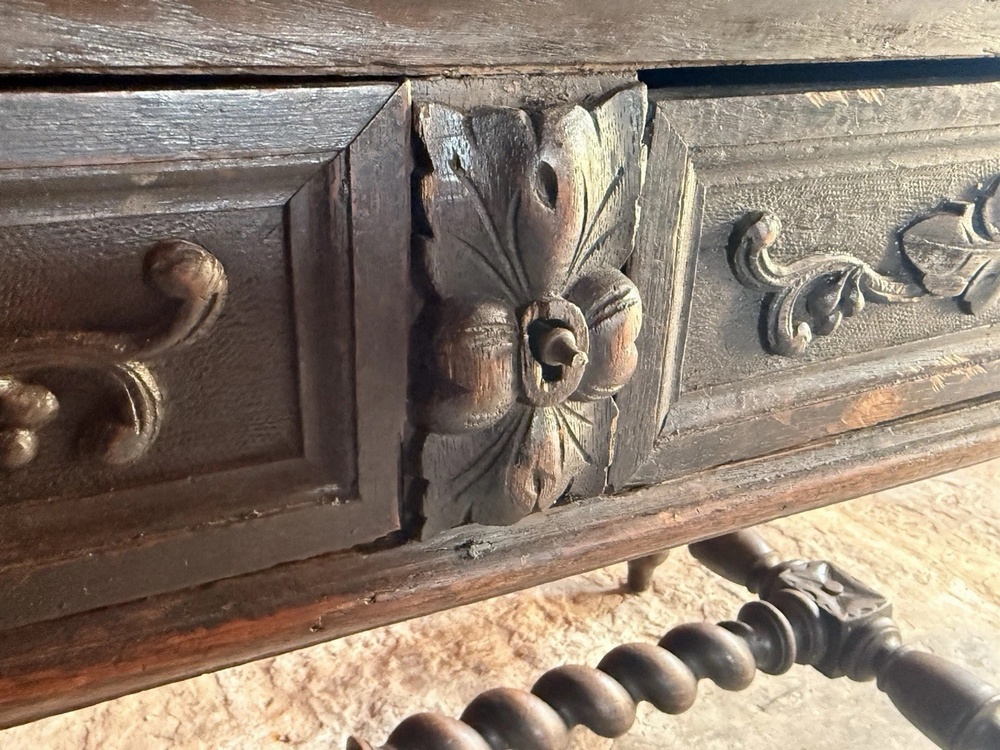 SOLD - English Antique Oak Carved Barley Twist Jacobean Rustic Desk Console Library Table C 1800's