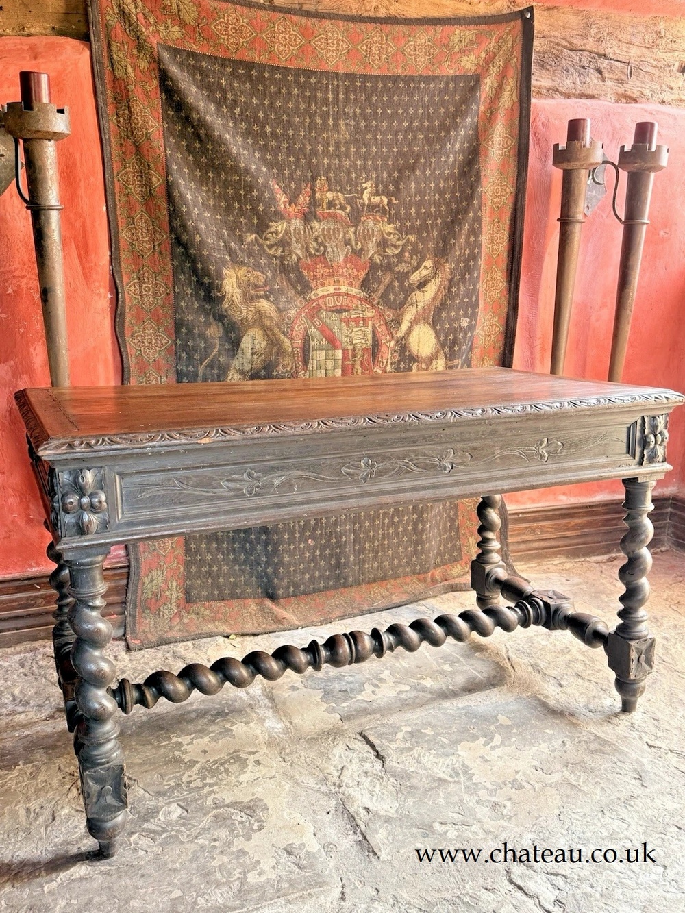 SOLD - English Antique Oak Carved Barley Twist Jacobean Rustic Desk Console Library Table C 1800's