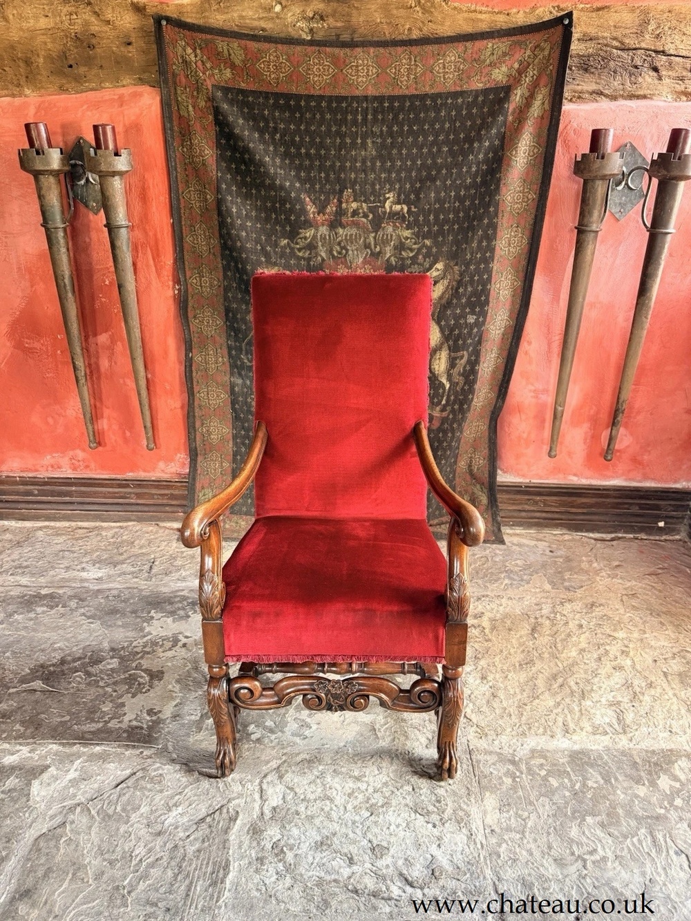 Substancial Heavy Carved Oak Red Antique Throne Arm Chair Stamped Circa 1919
