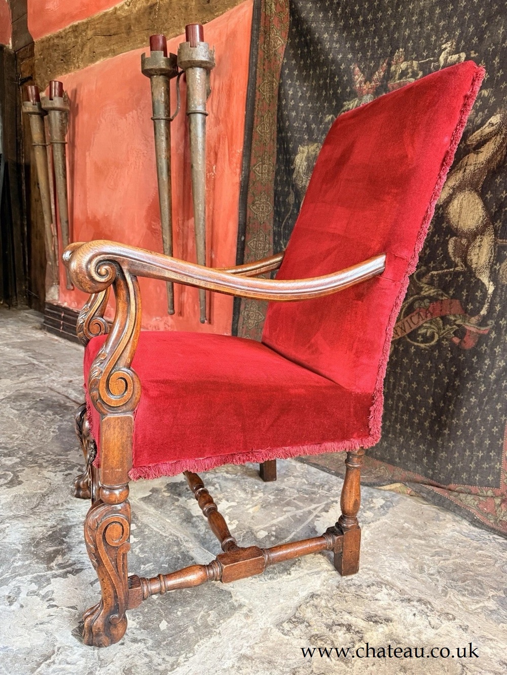 Substancial Heavy Carved Oak Red Antique Throne Arm Chair Stamped Circa 1919