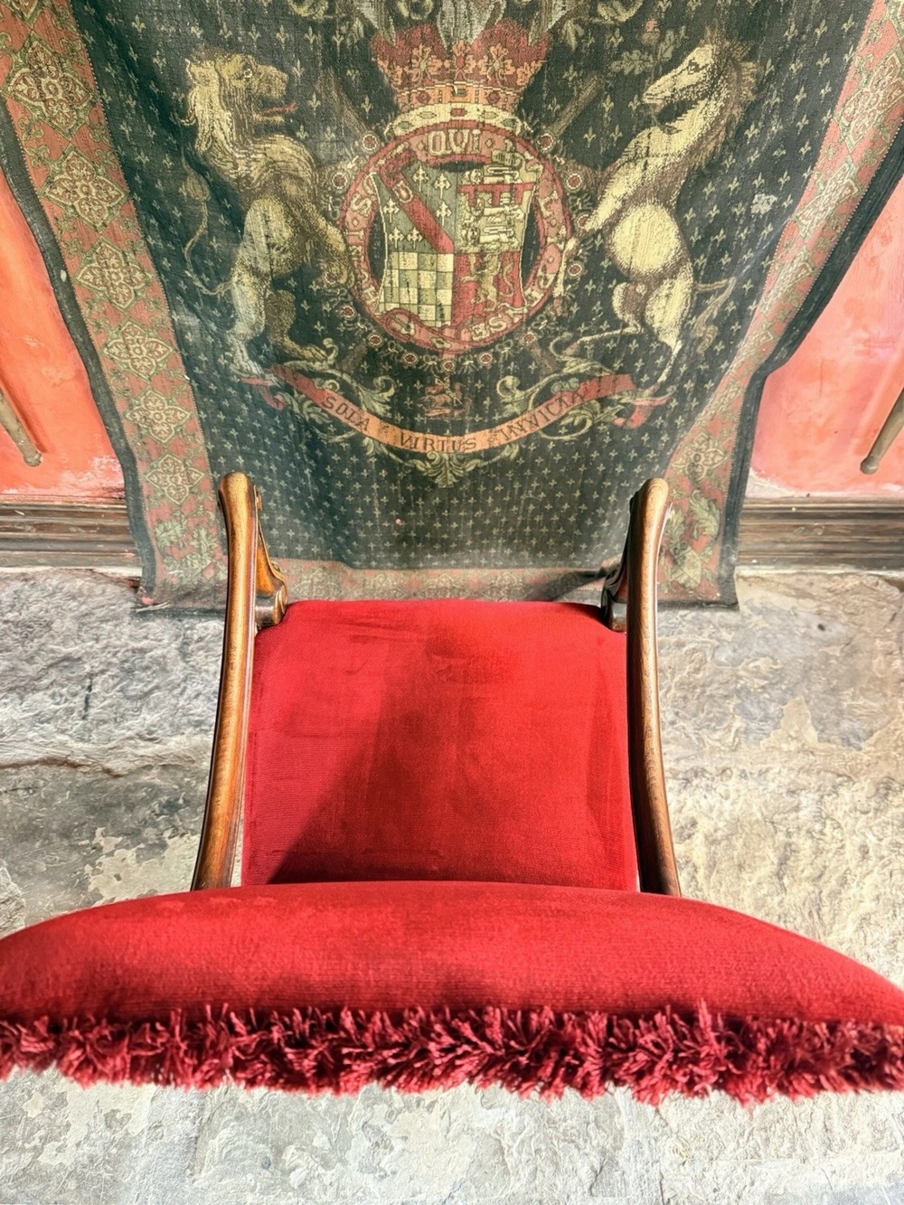 Substancial Heavy Carved Oak Red Antique Throne Arm Chair Stamped Circa 1919