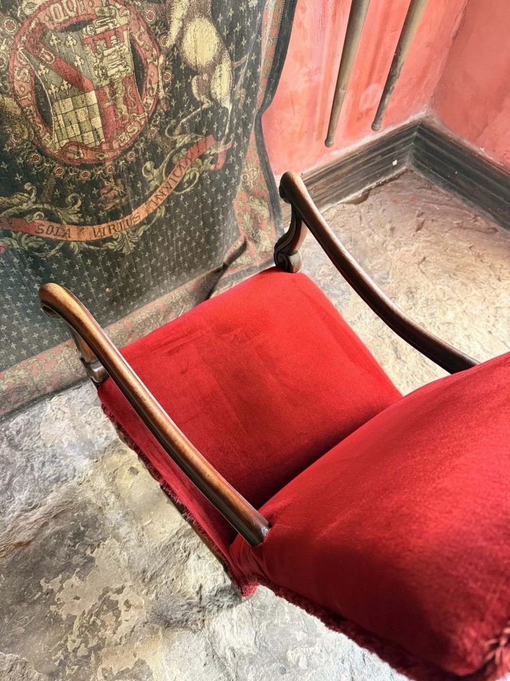 Substancial Heavy Carved Oak Red Antique Throne Arm Chair Stamped Circa 1919