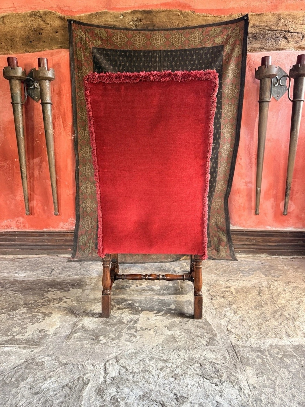Substancial Heavy Carved Oak Red Antique Throne Arm Chair Stamped Circa 1919