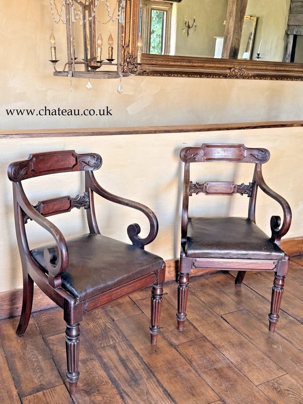 SOLD - Pair Quality Antique Mahogany Brown Leather Regency Elbow Carver Chairs C1800