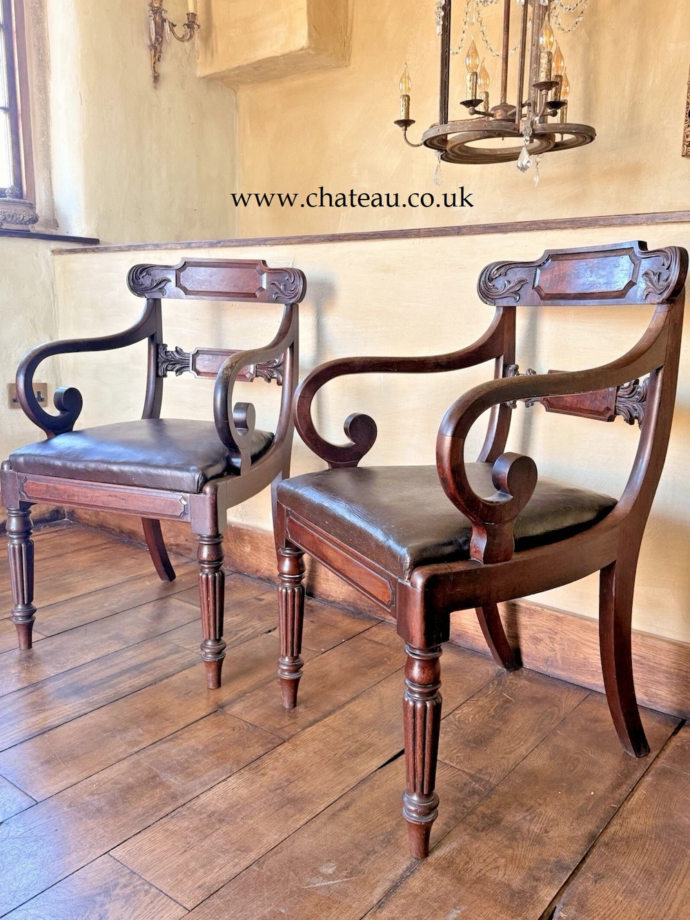 SOLD - Pair Quality Antique Mahogany Brown Leather Regency Elbow Carver Chairs C1800