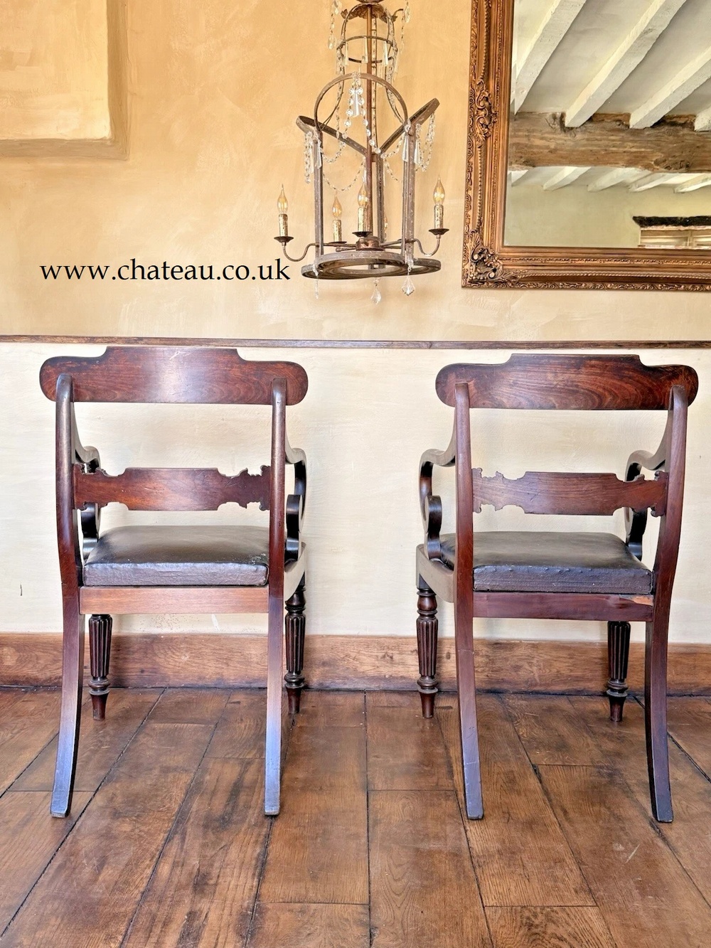 SOLD - Pair Quality Antique Mahogany Brown Leather Regency Elbow Carver Chairs C1800