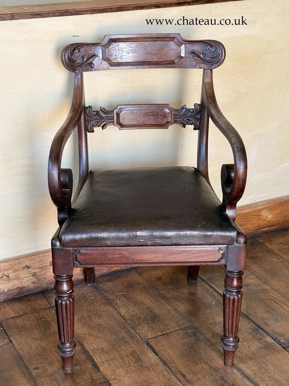 SOLD - Pair Quality Antique Mahogany Brown Leather Regency Elbow Carver Chairs C1800