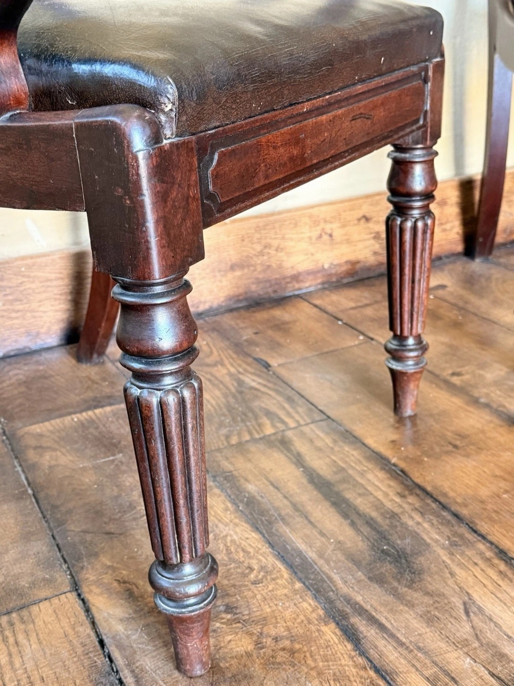 SOLD - Pair Quality Antique Mahogany Brown Leather Regency Elbow Carver Chairs C1800