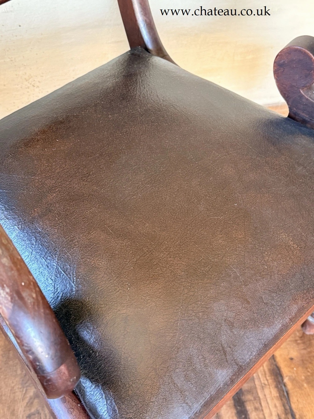 SOLD - Pair Quality Antique Mahogany Brown Leather Regency Elbow Carver Chairs C1800