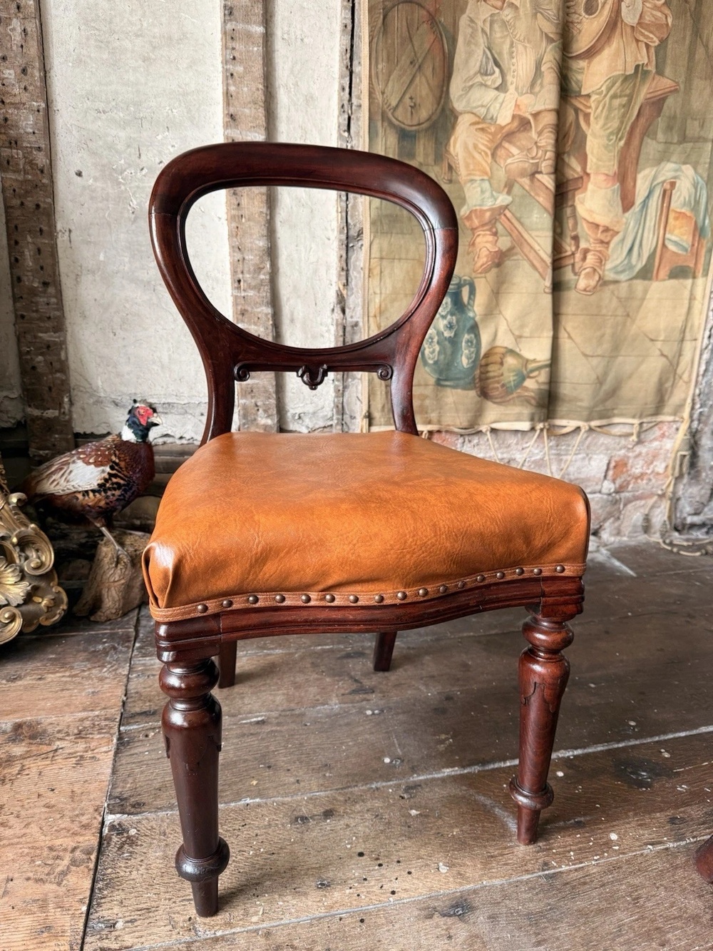 Set of 4 Antique Original English Leather Tan Balloon Back Dining Side Chairs