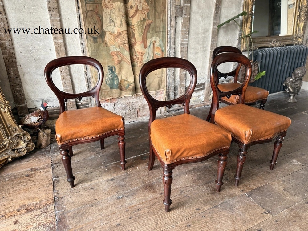 Set of 4 Antique Original English Leather Tan Balloon Back Dining Side Chairs