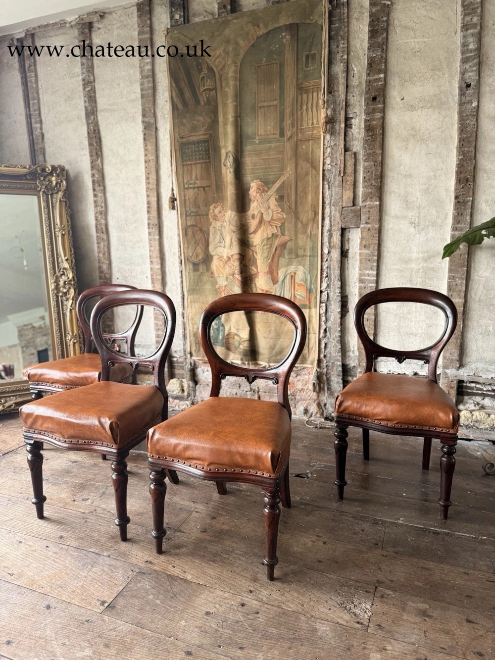 Set of 4 Antique Original English Leather Tan Balloon Back Dining Side Chairs