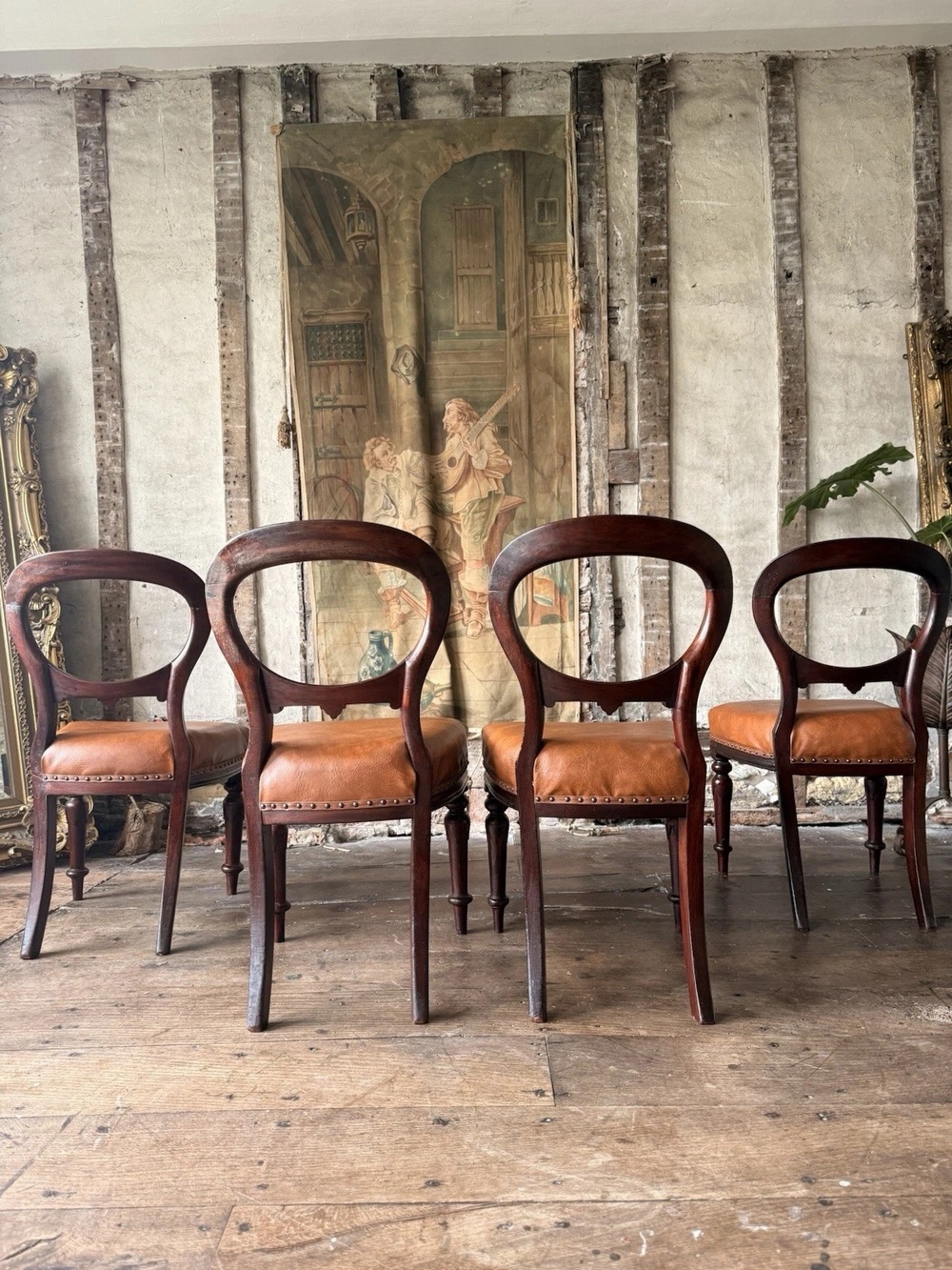 Set of 4 Antique Original English Leather Tan Balloon Back Dining Side Chairs