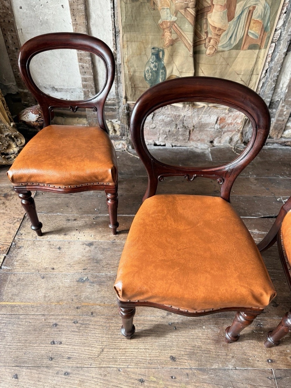 Set of 4 Antique Original English Leather Tan Balloon Back Dining Side Chairs