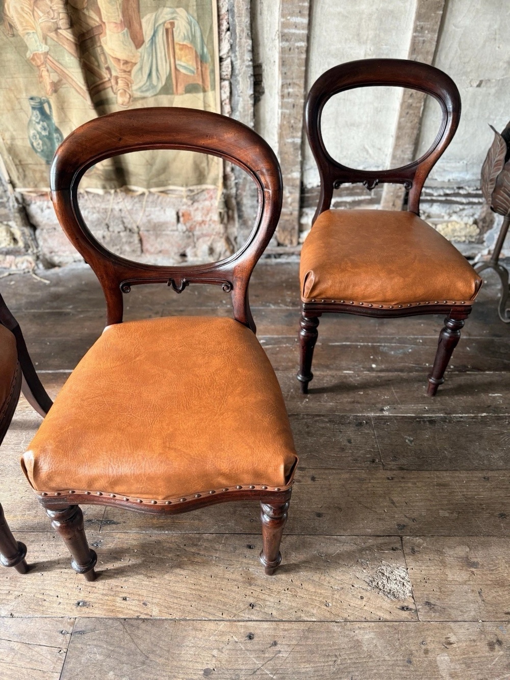 Set of 4 Antique Original English Leather Tan Balloon Back Dining Side Chairs