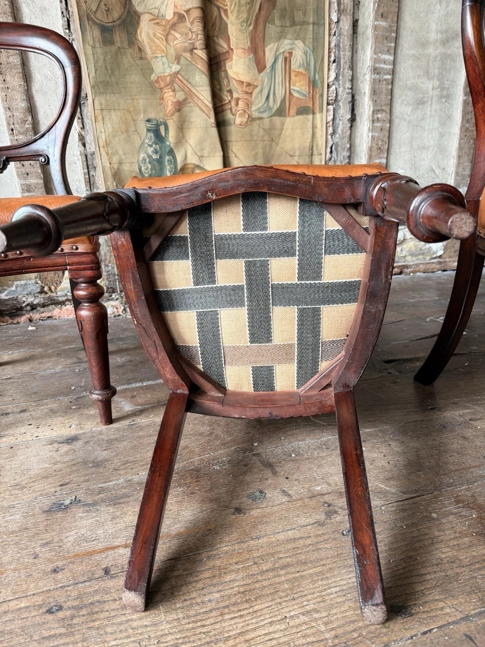 Set of 4 Antique Original English Leather Tan Balloon Back Dining Side Chairs