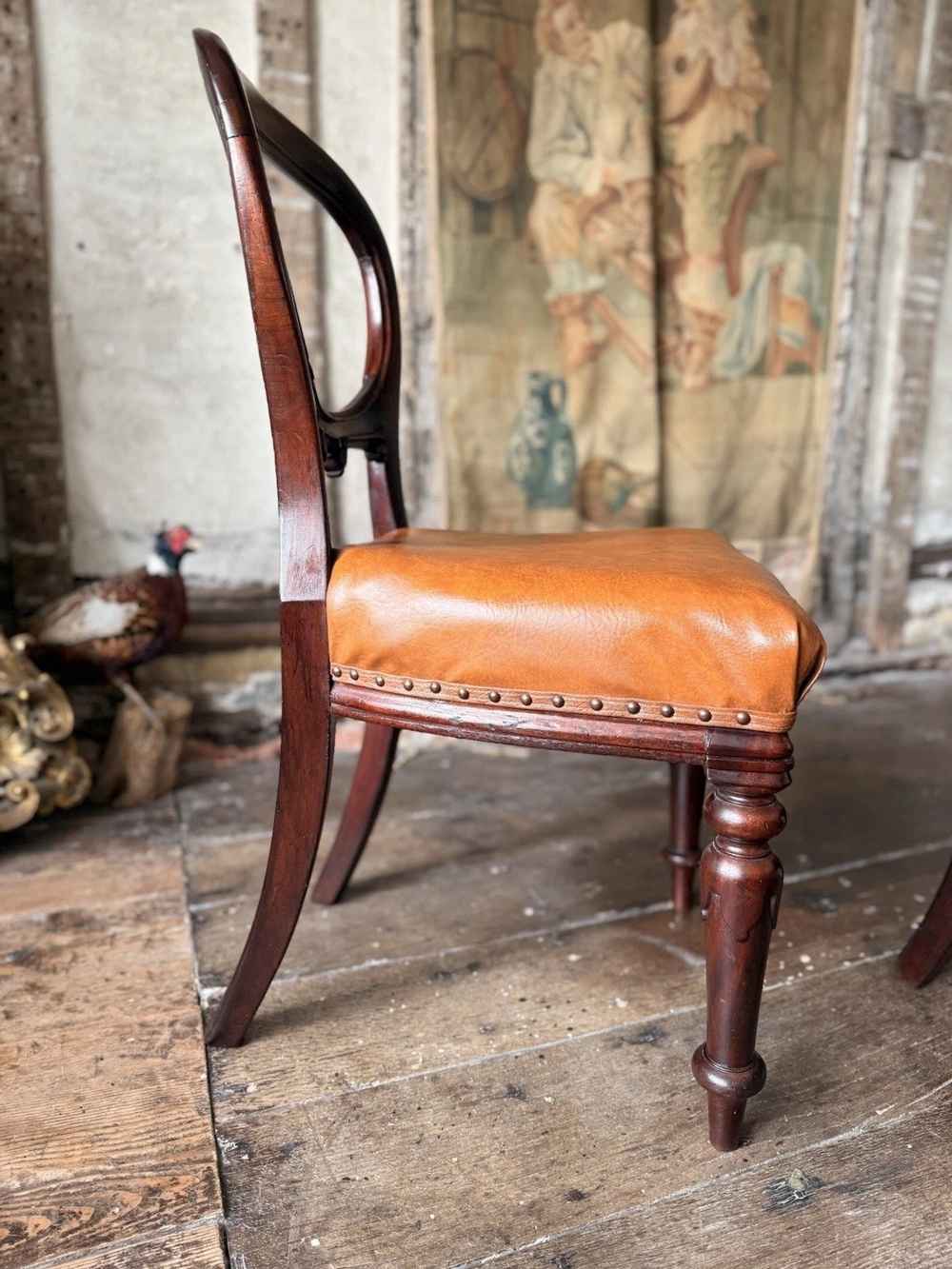 Set of 4 Antique Original English Leather Tan Balloon Back Dining Side Chairs