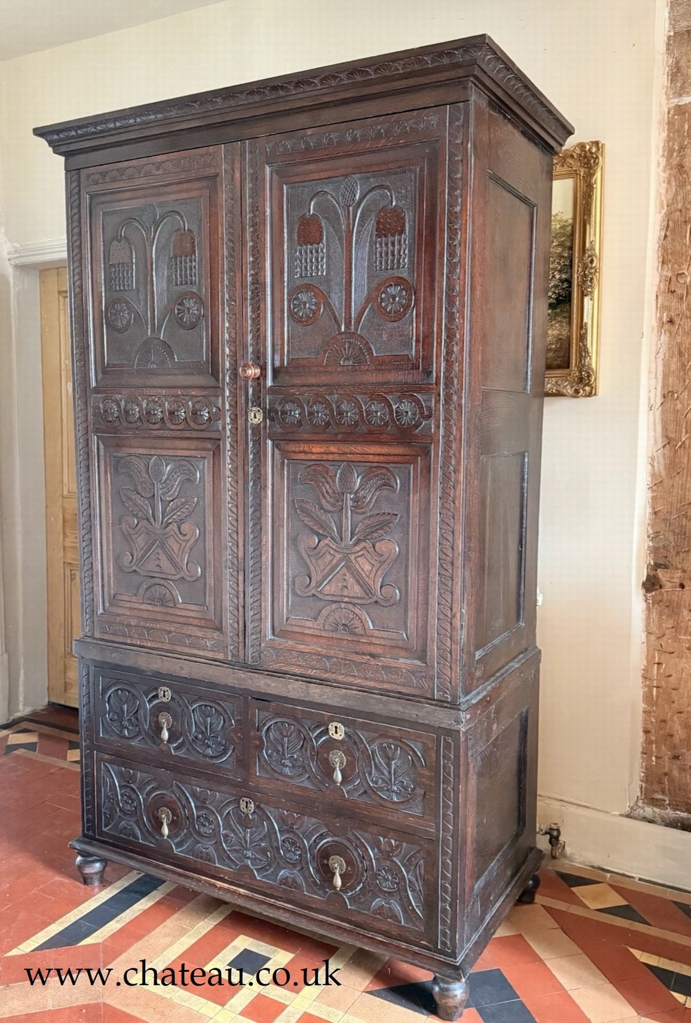 SOLD - Original Carved Antique English Oak Livery Cupboard Hall Wardrobe Circa 1870
