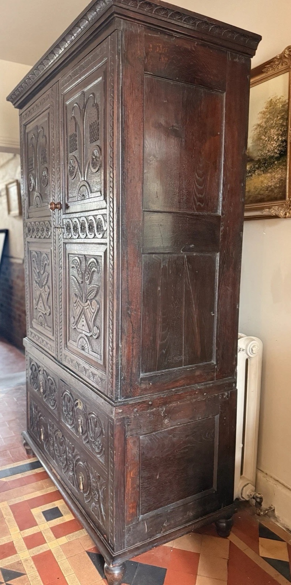 SOLD - Original Carved Antique English Oak Livery Cupboard Hall Wardrobe Circa 1870