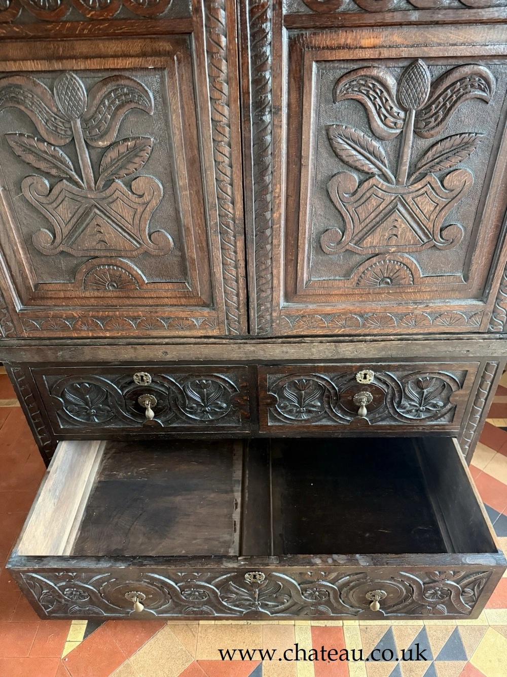 SOLD - Original Carved Antique English Oak Livery Cupboard Hall Wardrobe Circa 1870