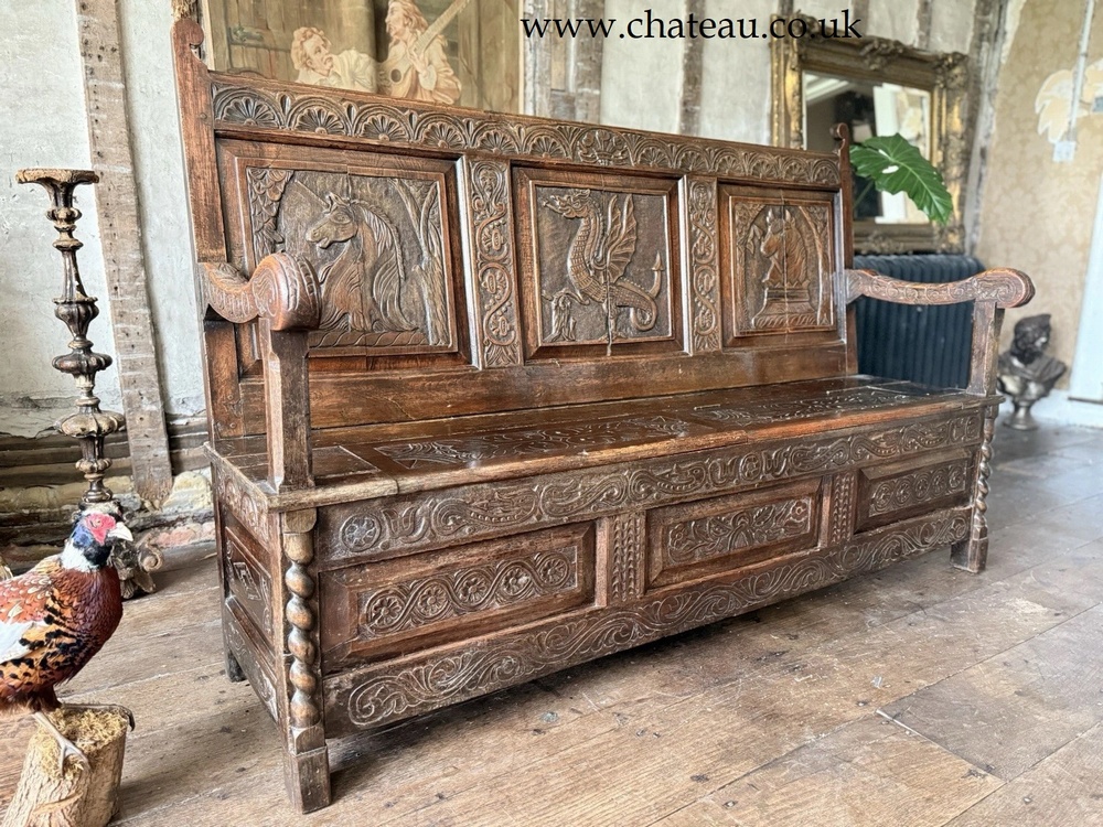 SOLD - Antique Oak Welsh Carved Settle Gothic Tudor Large Provincial Monks Bench 1870C