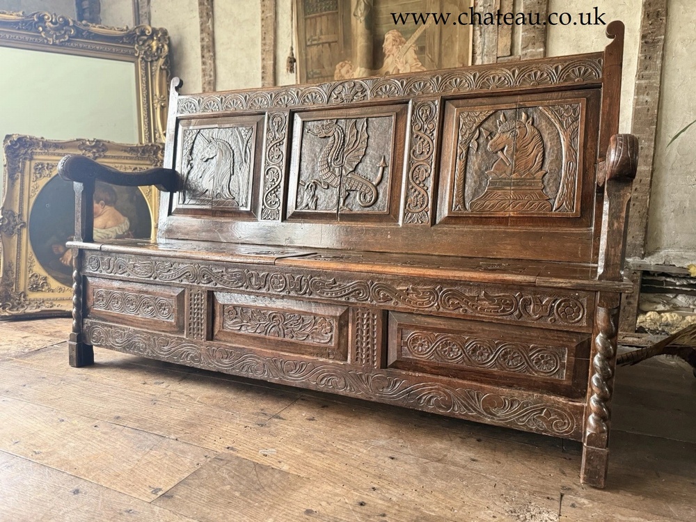 SOLD - Antique Oak Welsh Carved Settle Gothic Tudor Large Provincial Monks Bench 1870C