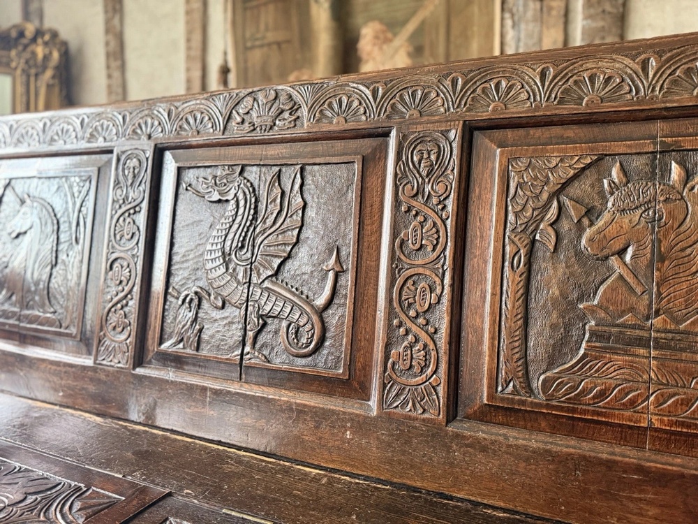 SOLD - Antique Oak Welsh Carved Settle Gothic Tudor Large Provincial Monks Bench 1870C