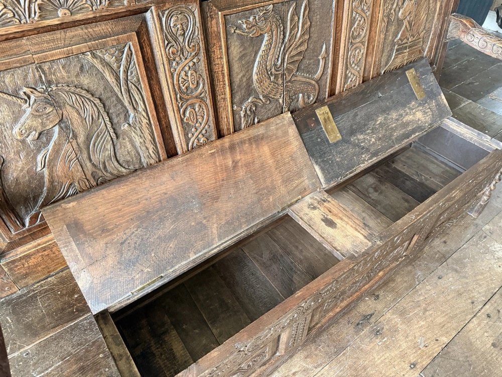 SOLD - Antique Oak Welsh Carved Settle Gothic Tudor Large Provincial Monks Bench 1870C