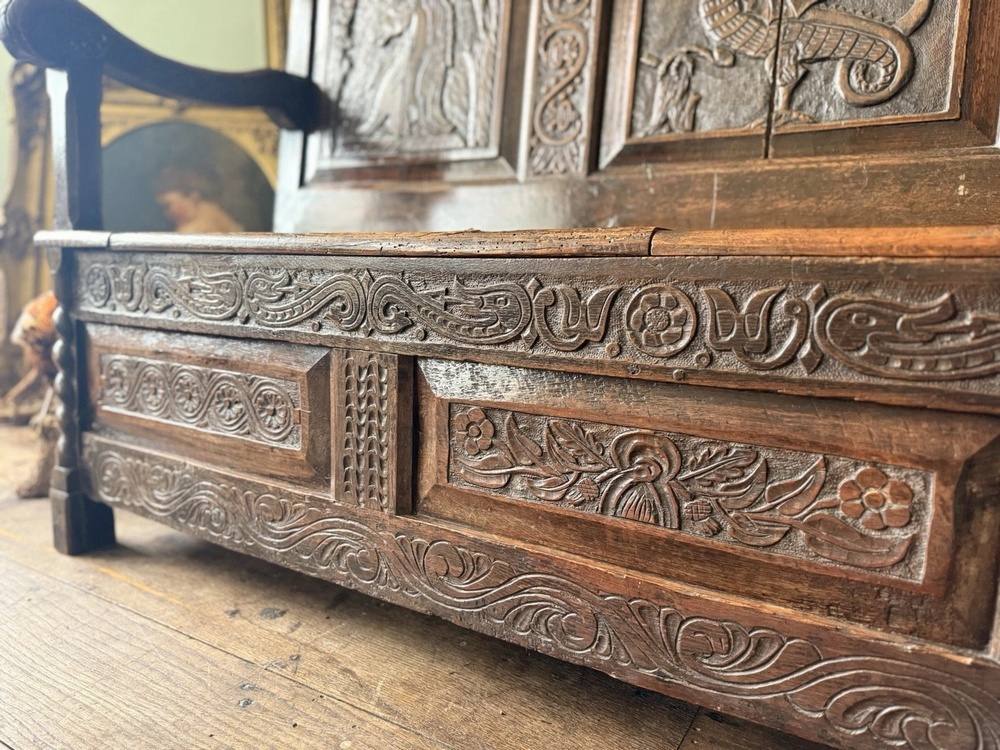 SOLD - Antique Oak Welsh Carved Settle Gothic Tudor Large Provincial Monks Bench 1870C
