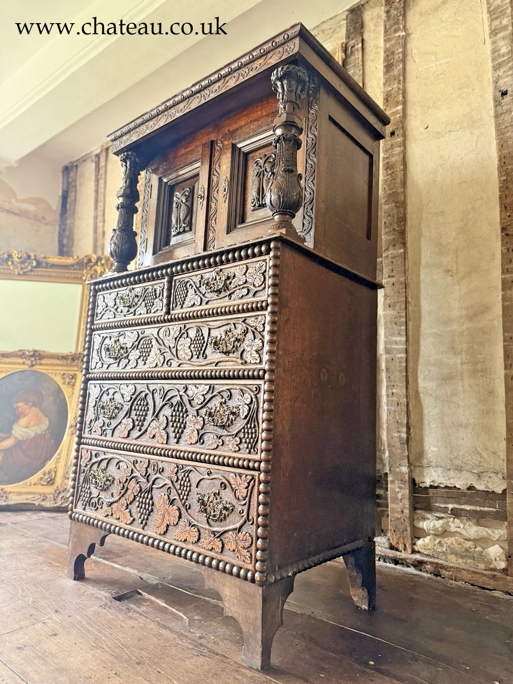 Antique Oak Victorian Jacobean Revival Dresser Hand Carved Chest On Stand 1870 C