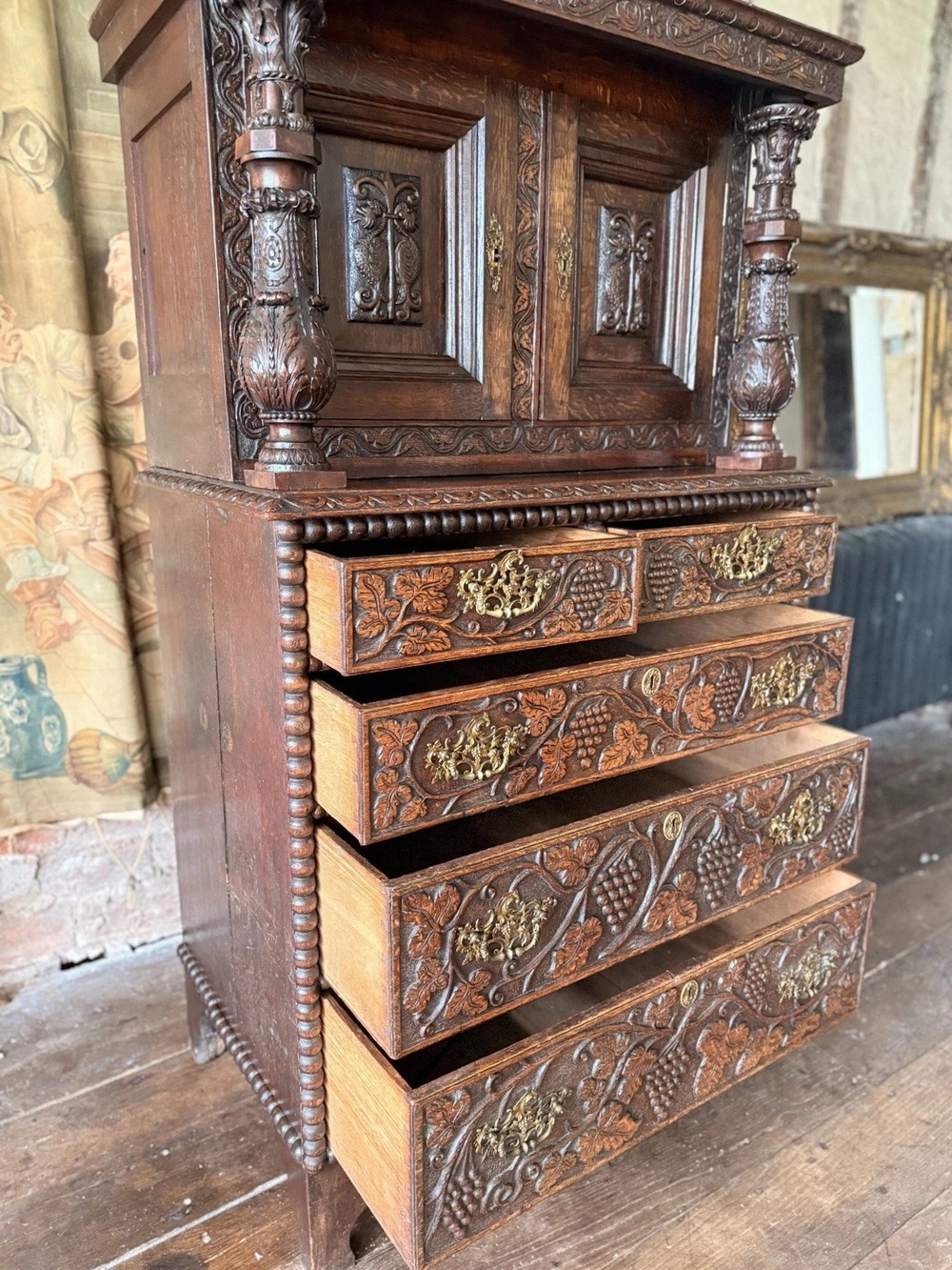 Antique Oak Victorian Jacobean Revival Dresser Hand Carved Chest On Stand 1870 C