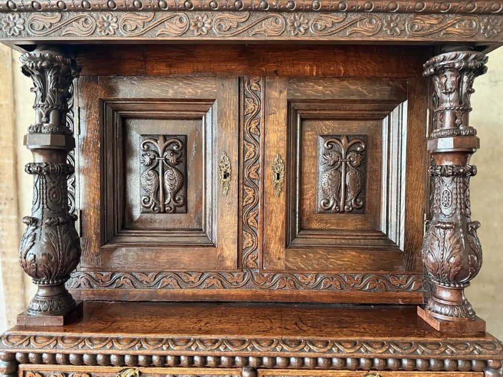 Antique Oak Victorian Jacobean Revival Dresser Hand Carved Chest On Stand 1870 C