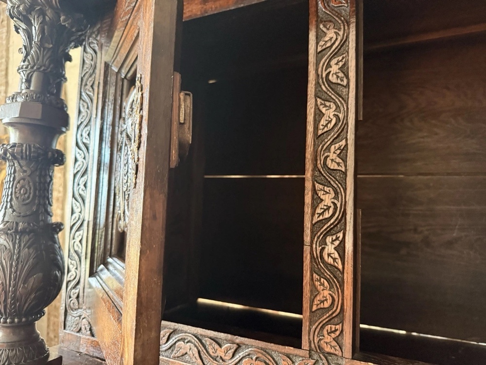 Antique Oak Victorian Jacobean Revival Dresser Hand Carved Chest On Stand 1870 C
