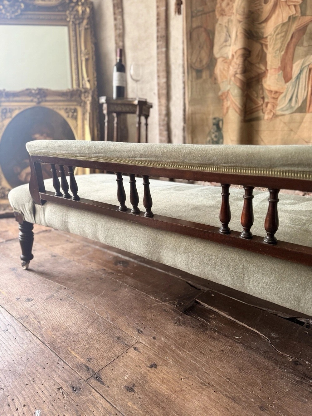 Fine Antique Mahogany Sage Green Velvet Day Bed Chaise Lounge Longue 1880 C