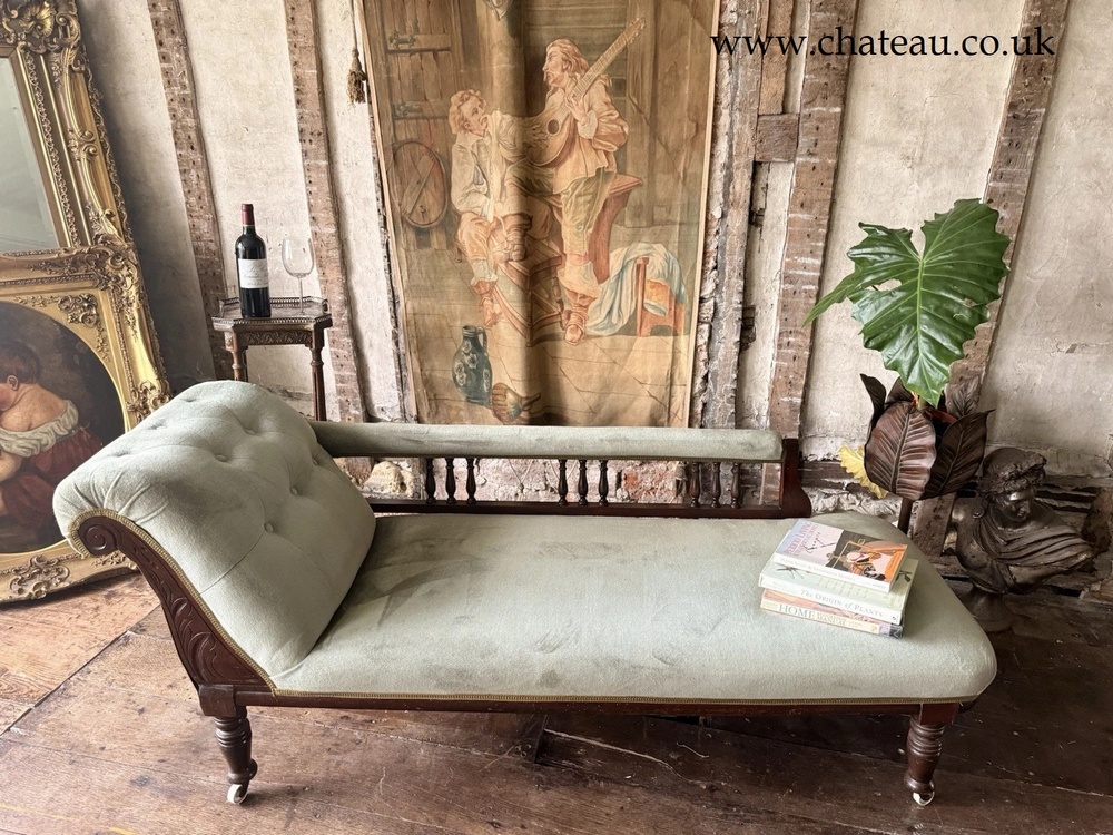 Fine Antique Mahogany Sage Green Velvet Day Bed Chaise Lounge Longue 1880 C