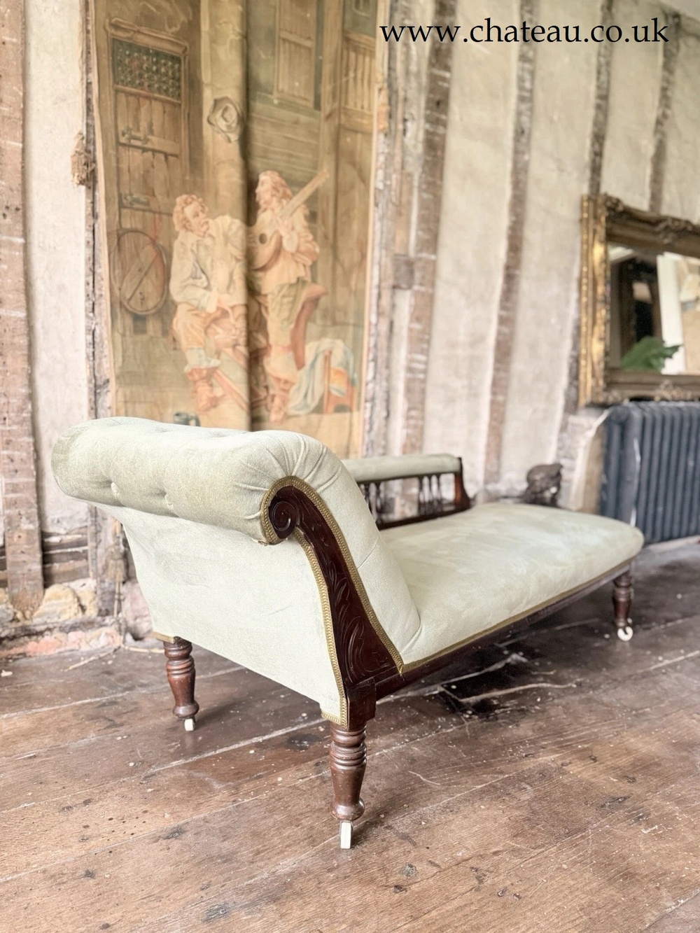 Fine Antique Mahogany Sage Green Velvet Day Bed Chaise Lounge Longue 1880 C