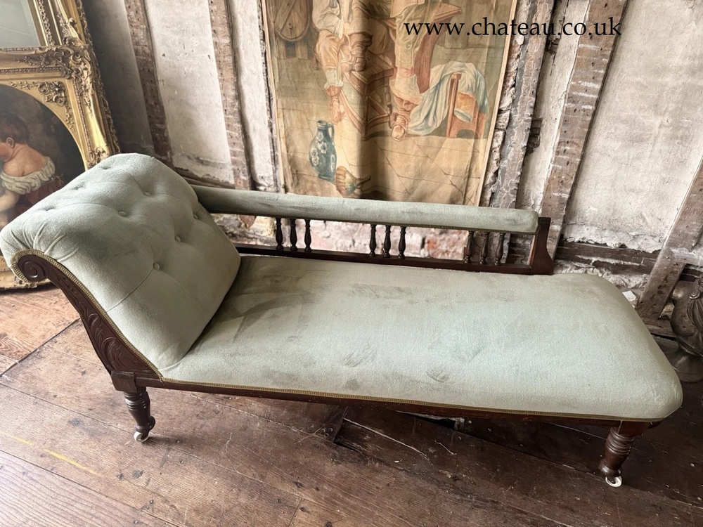 Fine Antique Mahogany Sage Green Velvet Day Bed Chaise Lounge Longue 1880 C