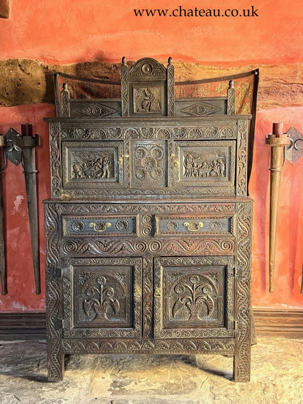 Rare Jacobean antique Oak Hand Carved Folk Art Cabinet Buffet Cupboard 1600's
