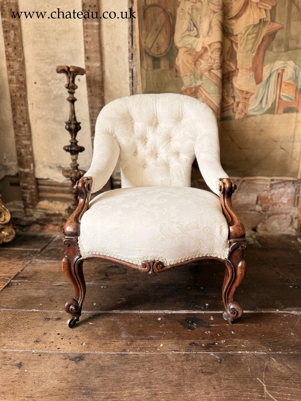 Antique Rosewood Ivory Cream Lady's Library Reading Fireside Nursing Armchair Chair - Recently re-upholstered