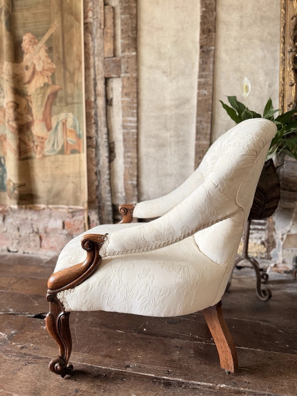 Antique Rosewood Ivory Cream Lady's Library Reading Fireside Nursing Armchair Chair - Recently re-upholstered